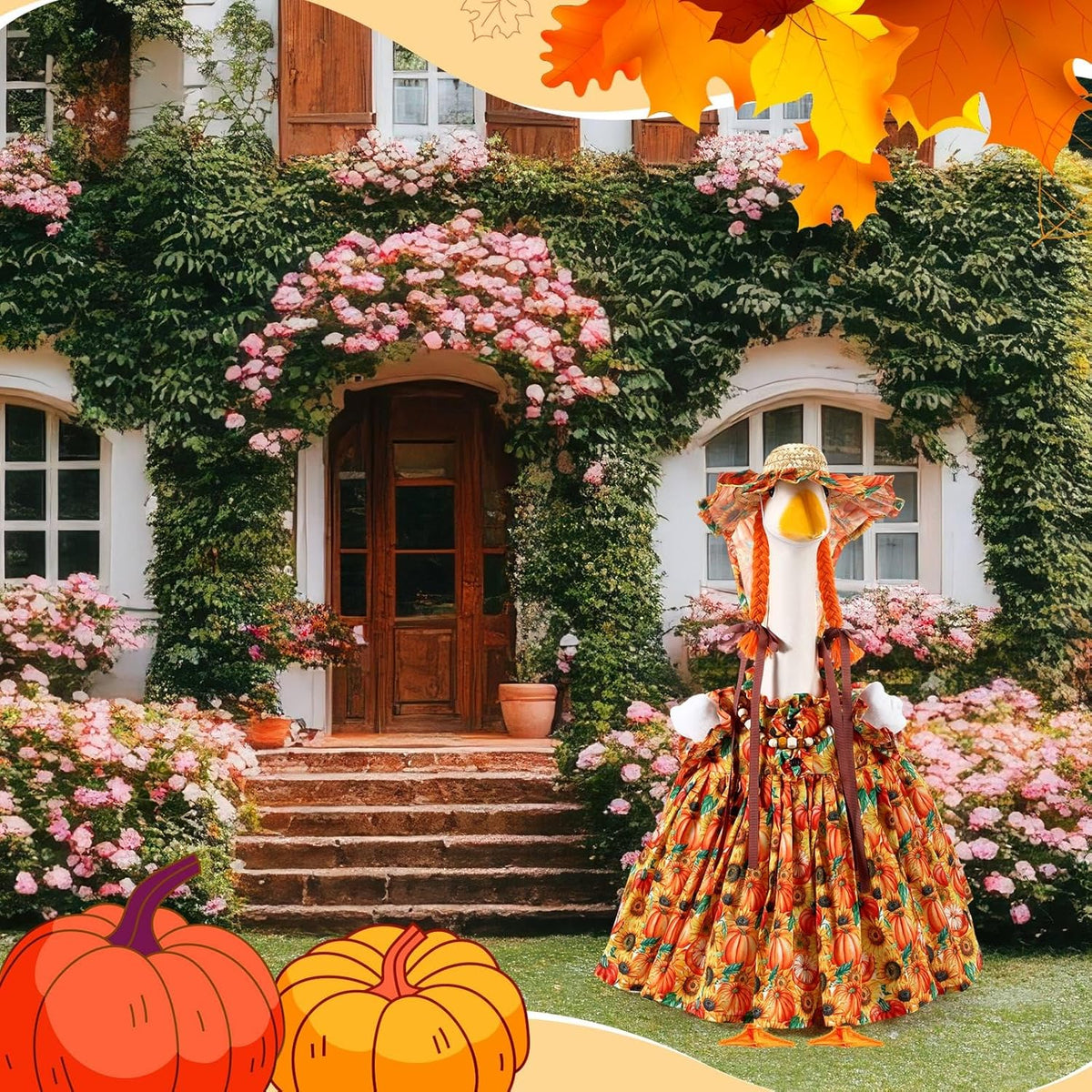 Fall Thanksgiving Goose Outfit Sunflower Porch Goose Costume with Hat Necklace for 23 Autumn Patio