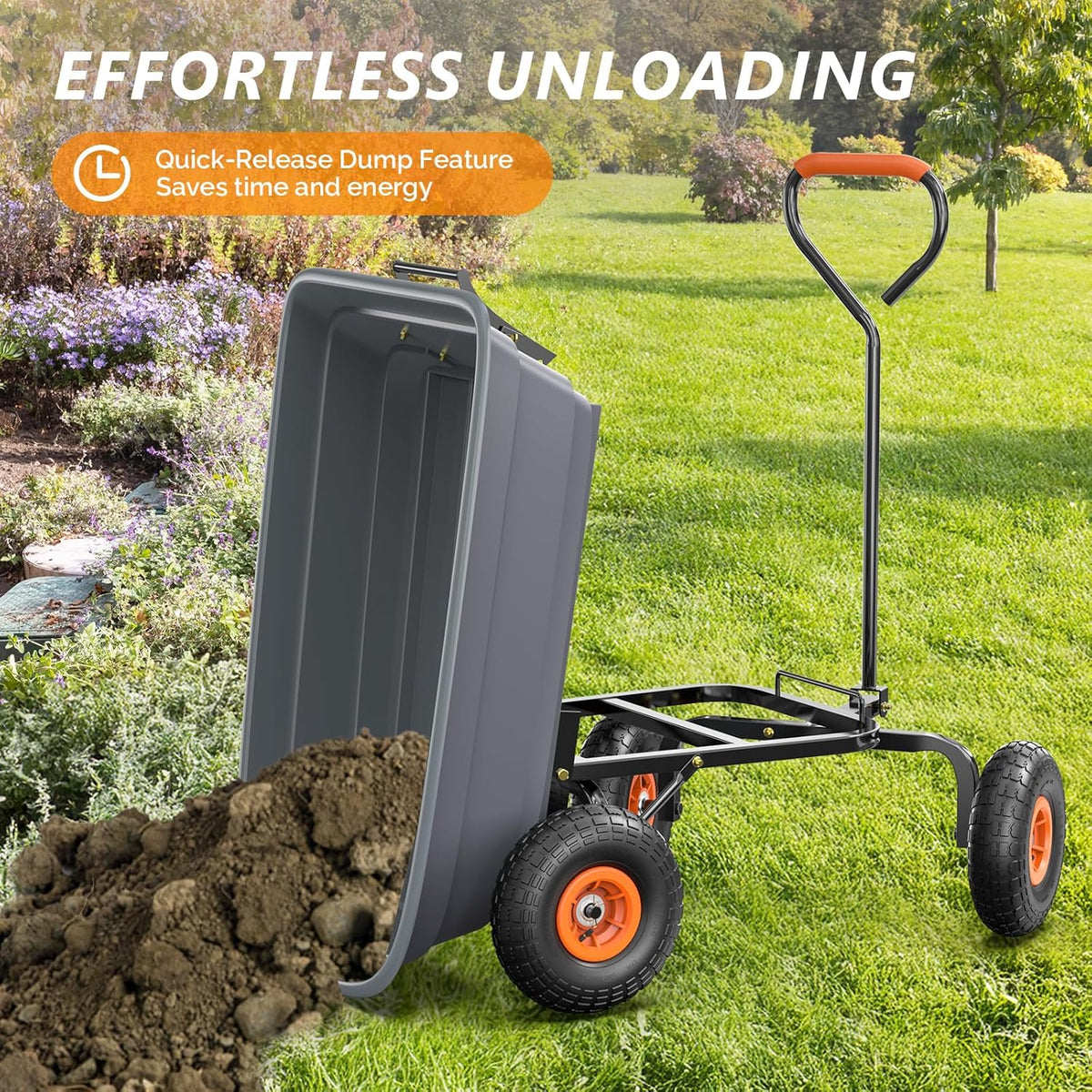 VINGLI Wheelbarrow, Plastic and Steel Wheel Barrel, Garden Cart for Lawn, Gardening, Construction