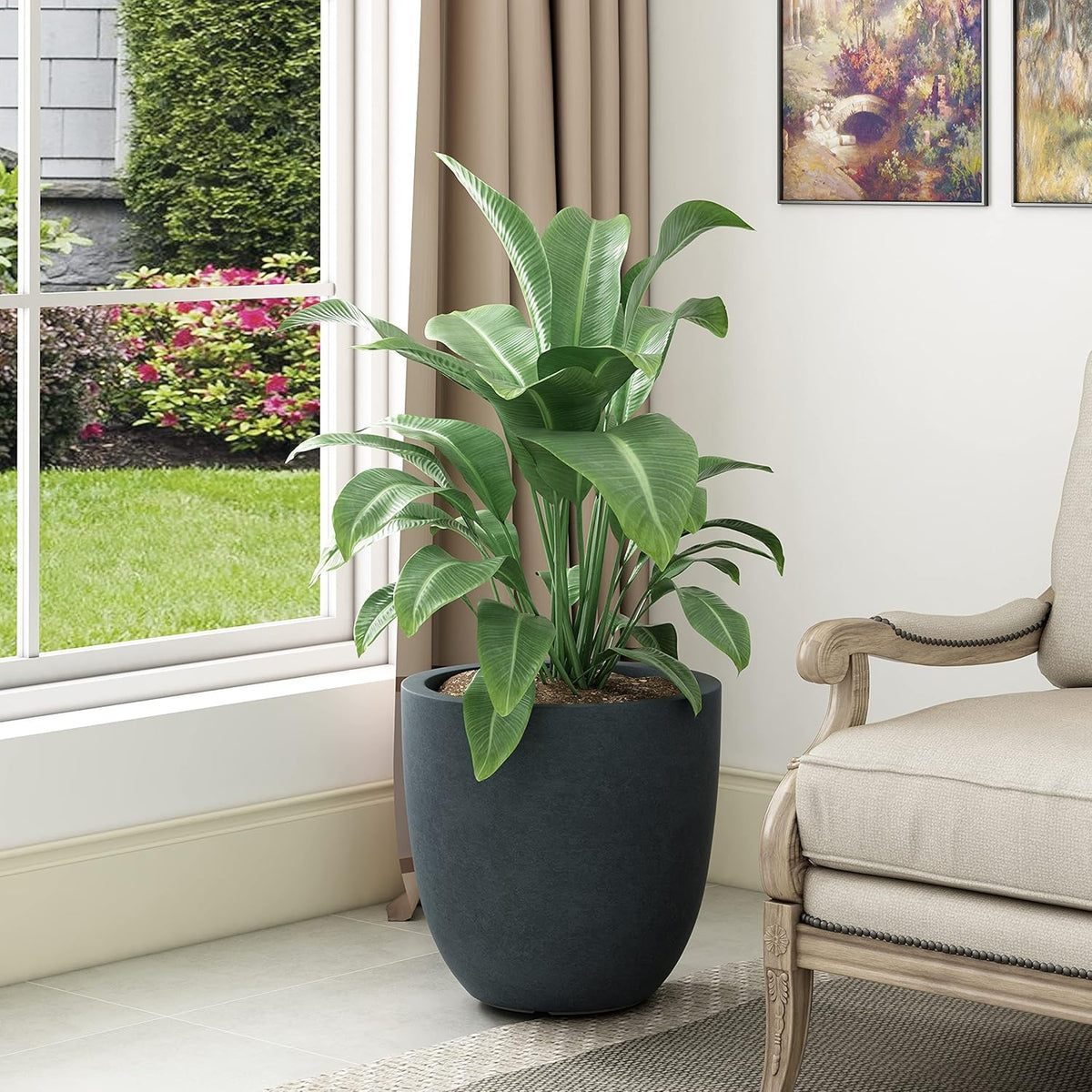 Kante 14 Inch Dia Round Concrete Planter, Indoor Outdoor Large Plant Pot with Drainage Hole and