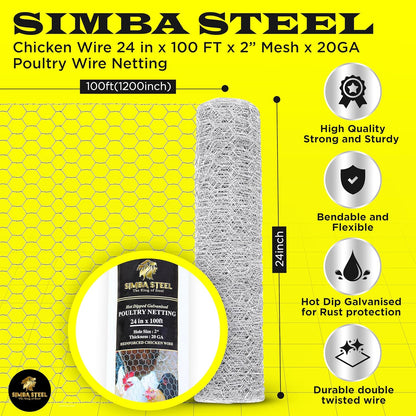 Chicken Wire 24 in x 100 FT x 2” Mesh x 20GA | Poultry Wire Netting | Hot Dipped Galvanised |