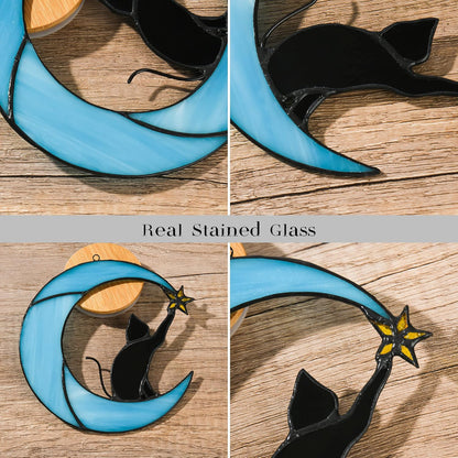 Stained Glass Cat on Moon Pick Star Window Hanging Suncatchers Memorial Gift Decor for Women (Black