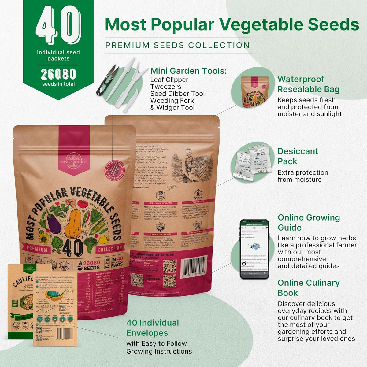 Organo Republic 40 Vegetable Seeds Variety Pack - 26000 Non GMO Heirloom Seeds for Planting