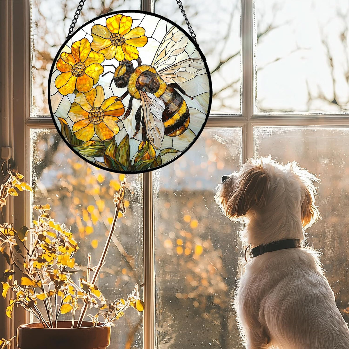 Stained Glass Window Hanging - Yellow Bees Gathering Flowers Sun Catcher for Door Garden Home Decor