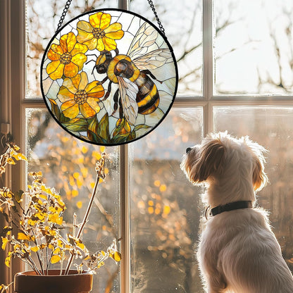 Stained Glass Window Hanging - Yellow Bees Gathering Flowers Sun Catcher for Door Garden Home Decor