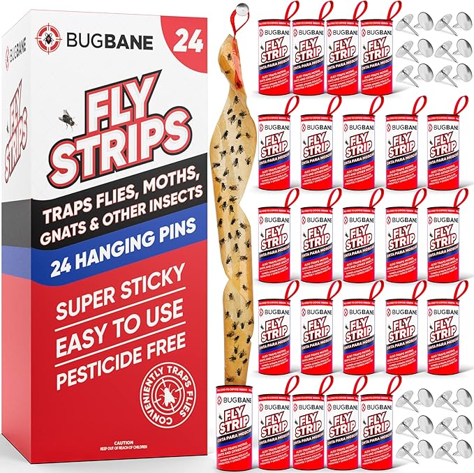 Fly Strips Indoor Sticky Hanging 24pk with Pins. Non Toxic Outdoor Fly Trap Indoor for Home. Flies