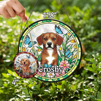 Custom Dog Portrait Suncatcher, Personalized Pet Memorial Window Hanging, Stained Glass Style Pet