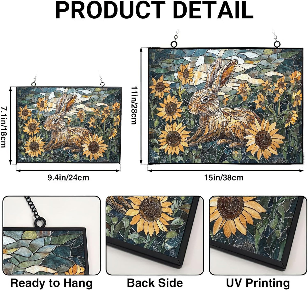 Customized Rectangle Art Nouveau Sunflower Rabbit Suncatchers for Windows, Stained Glass Window