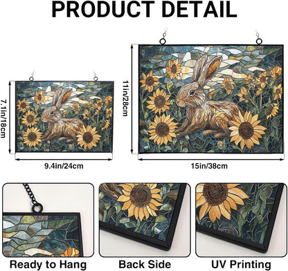 Customized Rectangle Art Nouveau Sunflower Rabbit Suncatchers for Windows, Stained Glass Window