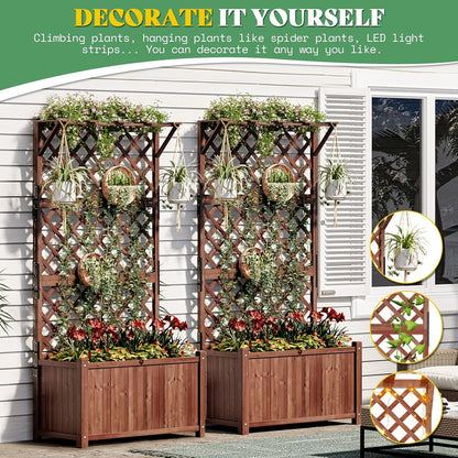 AMERLIFE 2 Pack Raised Garden Bed with Trellis for Vegetables, Climbing Plants, Durable Natural