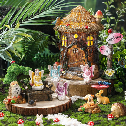 Leyndo 28 Pcs Solar House Garden Accessories Fairy Light up Fairy Figures Garden Kit Resin