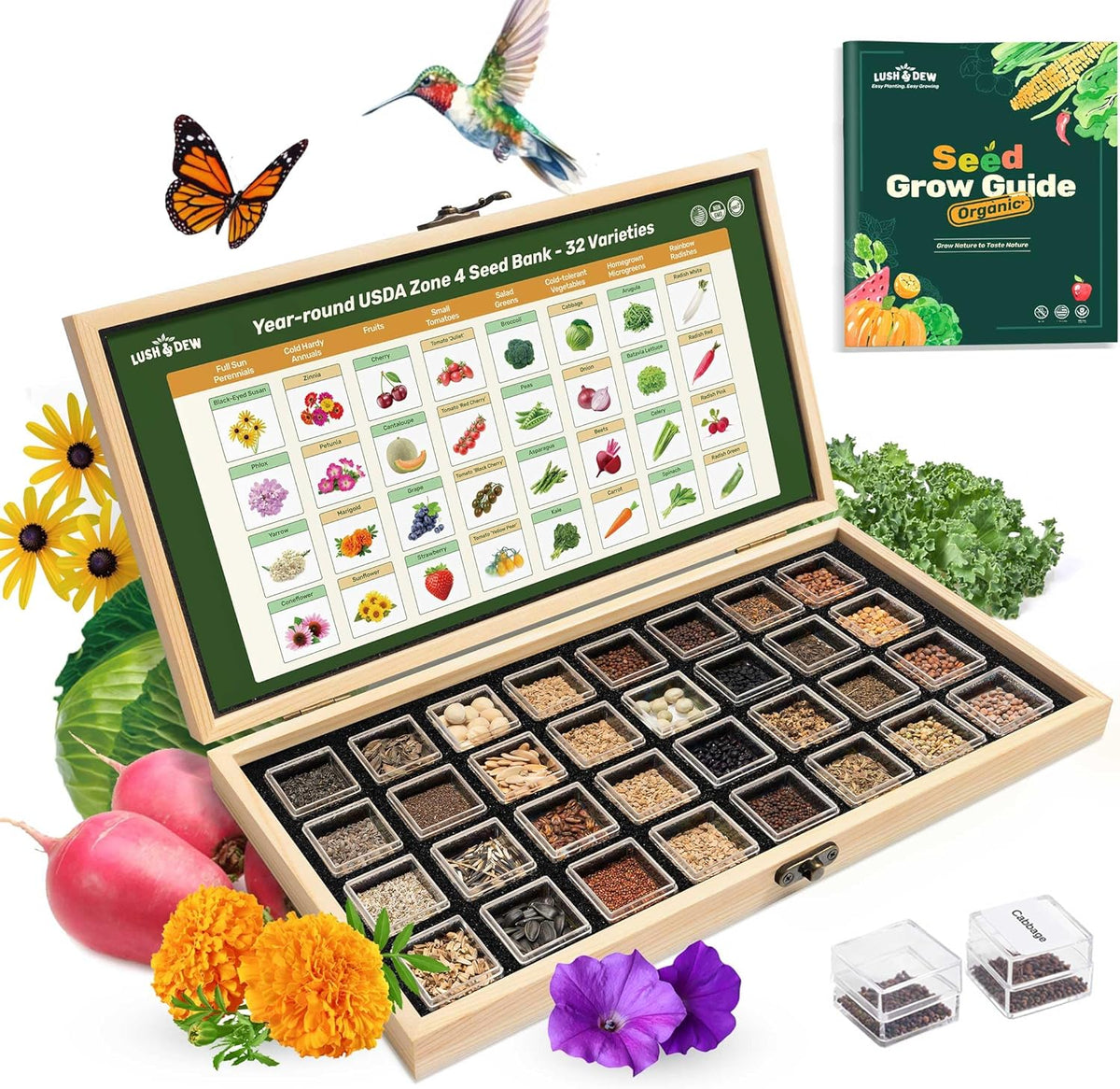 Lush&Dew Year-Round USDA Zone 4 Seed Bank, 32 Varieties Non-GMO Heirloom Seeds of Vegetables