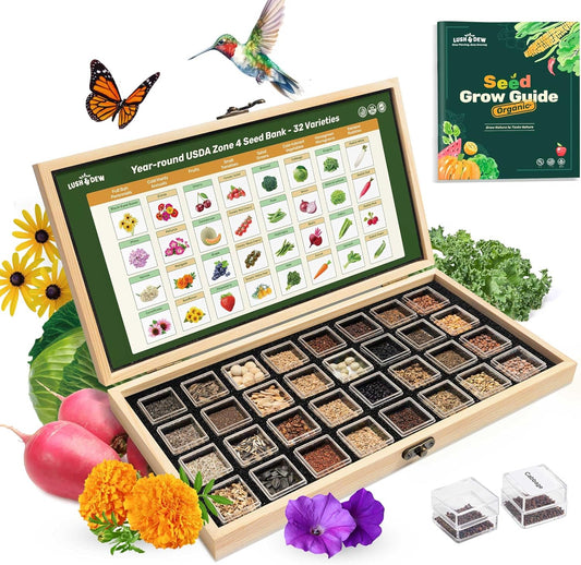 Lush&Dew Year-Round USDA Zone 4 Seed Bank, 32 Varieties Non-GMO Heirloom Seeds of Vegetables