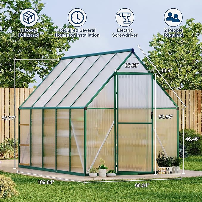 6'X9' Aluminum-Framed Polycarbonate Greenhouse, Heavy Duty Polycarbonate Greenhouse with Quick