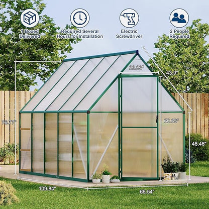 6'X9' Aluminum-Framed Polycarbonate Greenhouse, Heavy Duty Polycarbonate Greenhouse with Quick