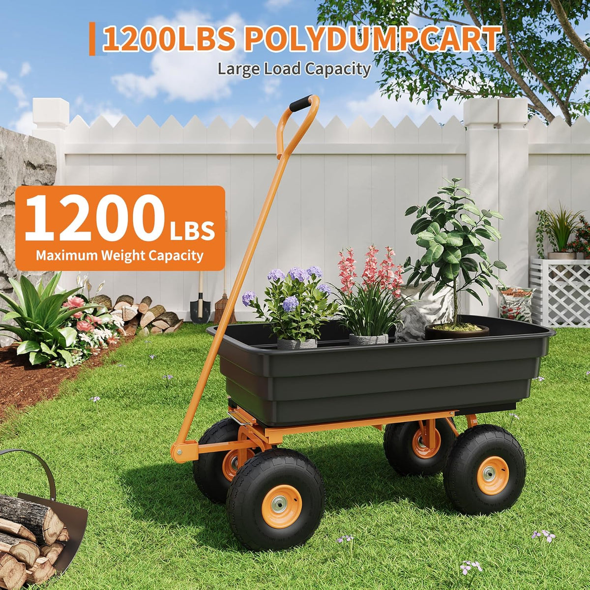 6 Cu.Ft. 1200Lbs Garden Cart Dump Wagon, Heavy-Duty 4 Wheel Wheelbarrow Yard Cart with 13-Inch
