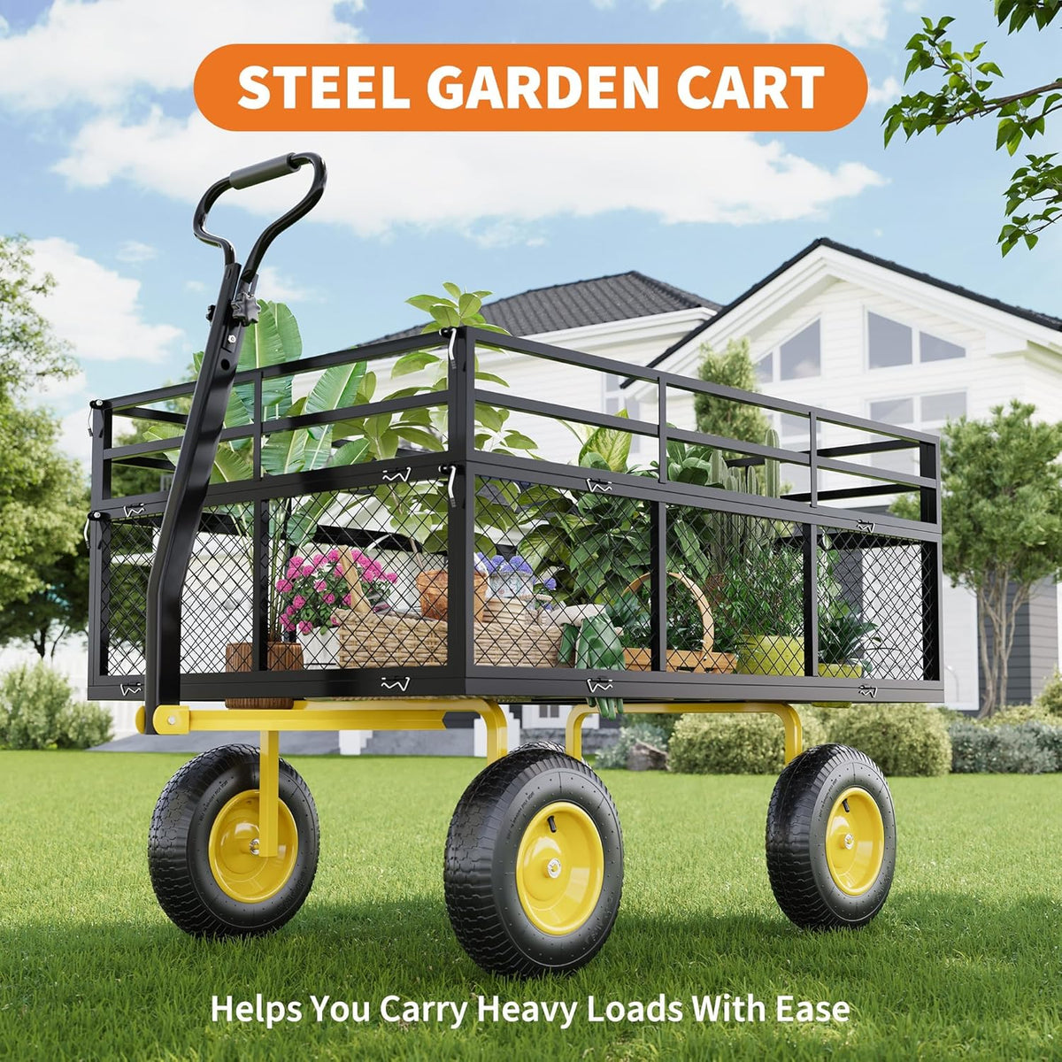 Metal Wagon - 1400lbs Garden Cart with 10" Multi-Terrain Tires, 4 Removable Mesh Sides & 180°
