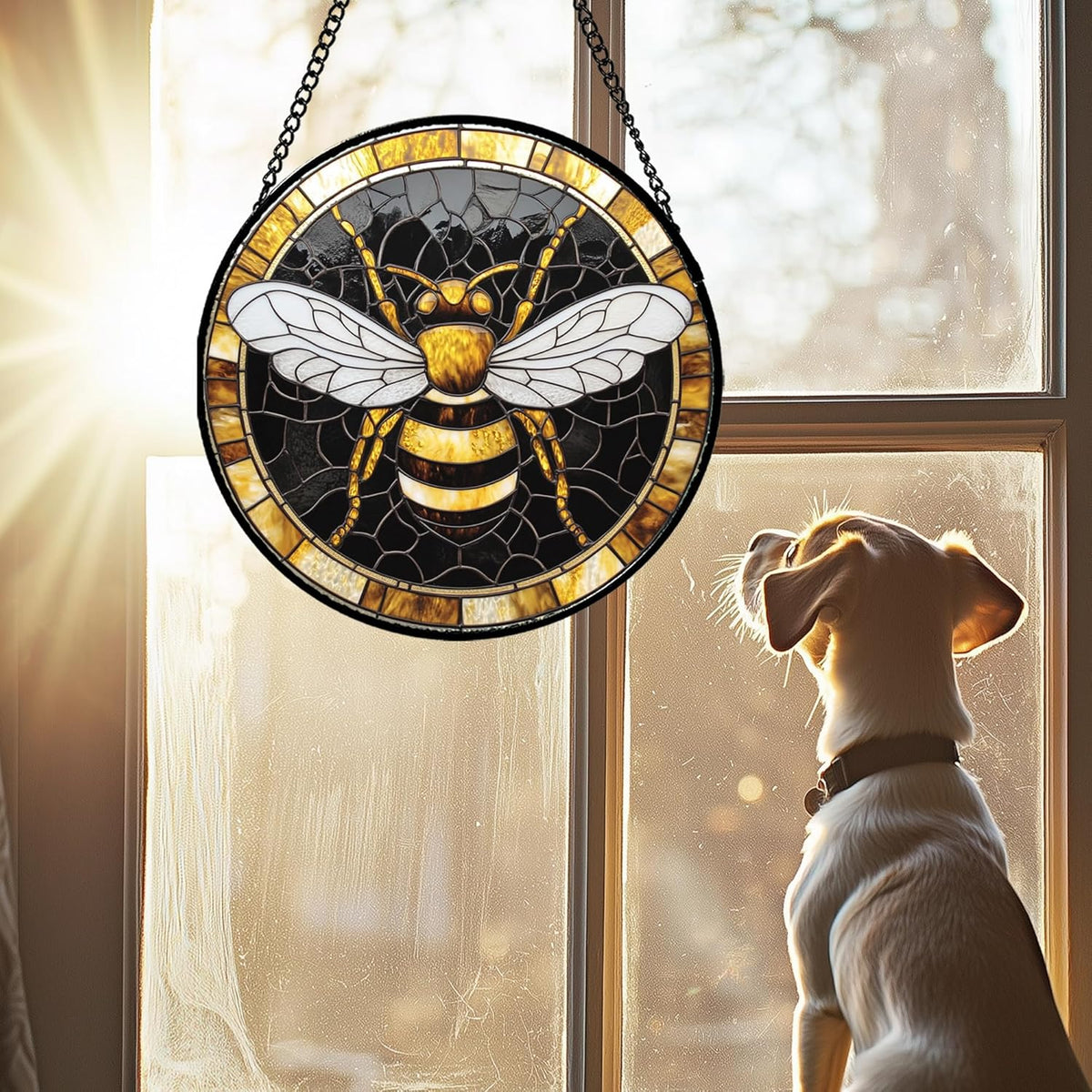 Stained Glass Window Hanging - Black Gold Bee White Wings Sun Catcher for Door Home Decor Insect