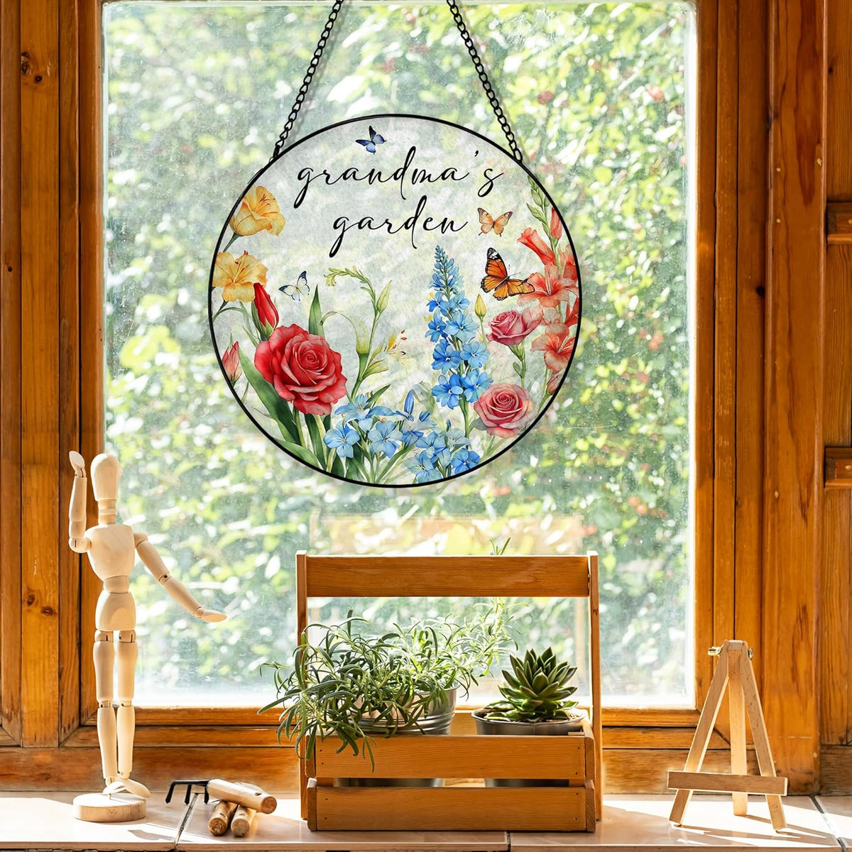Grandma's Garden Flower Suncatcher Stained Glass Window Hanging, Grandma's Garden Gifts Sun