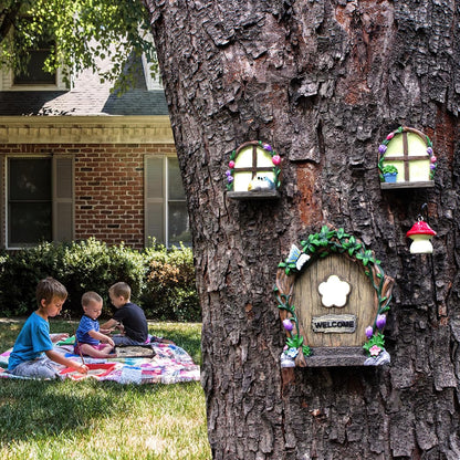 Fairy Door and Windows Garden Kit Accessories Outdoor, Glow in Dark Gnome House for Tree, Lawn Yard