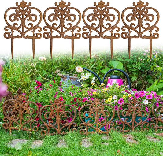 Sungmor Decorative Cast Iron Garden Edging, 4 Pack Full Rusted Victorian Garden Edging Landscape