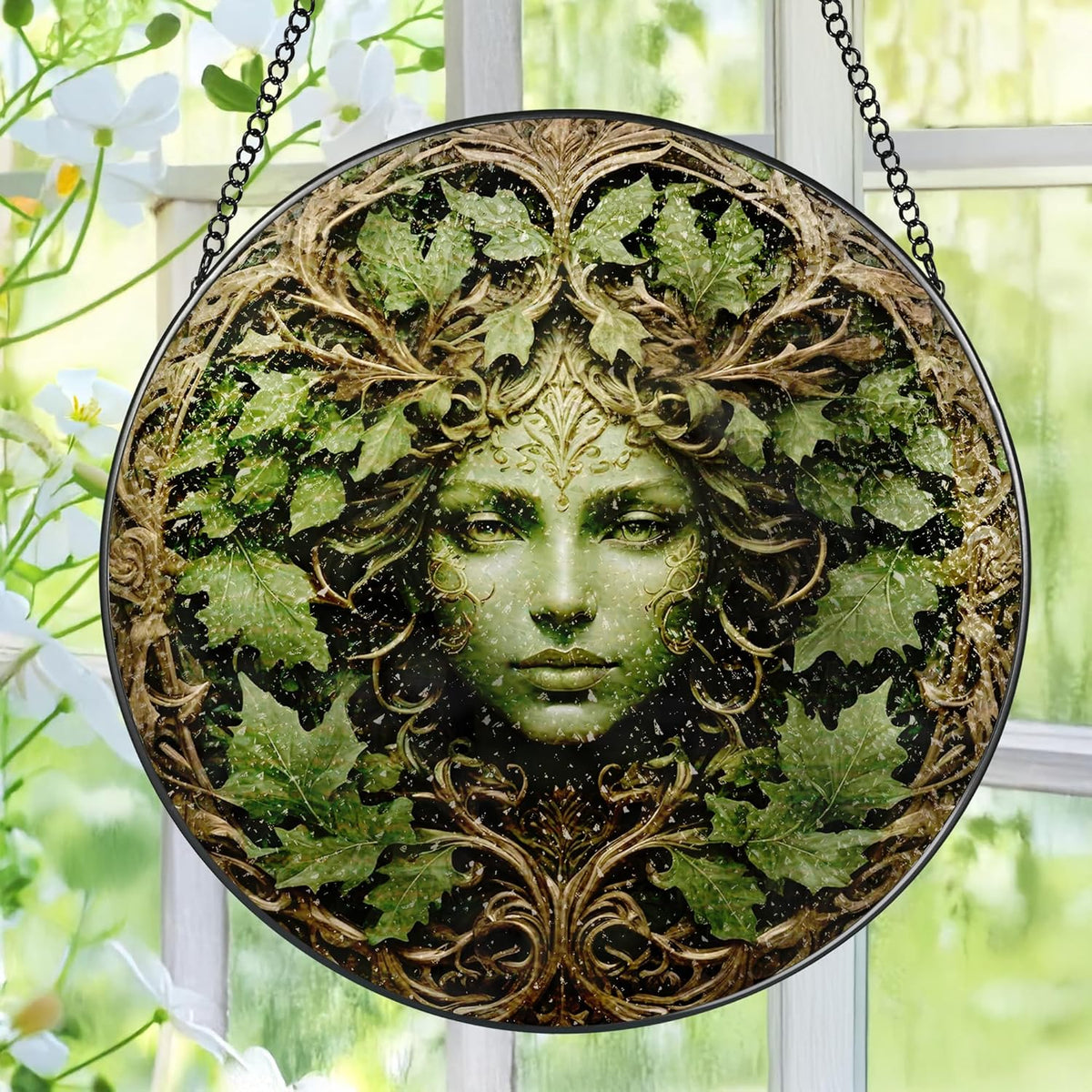 Green Man Stained Glass Suncatcher, Stained Glass Window Hanging, 8 Inch Window Decor Hanging, Gift