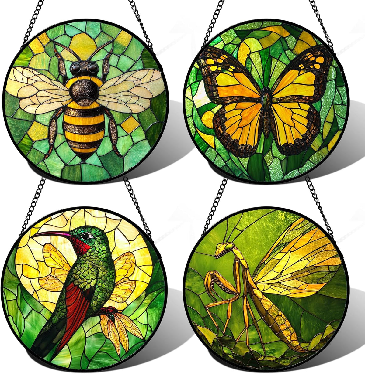 Stained Glass Window Hanging 4 Pcs Set Green Plants Yellow Insect Theme 6.3" - Suncatcher Door