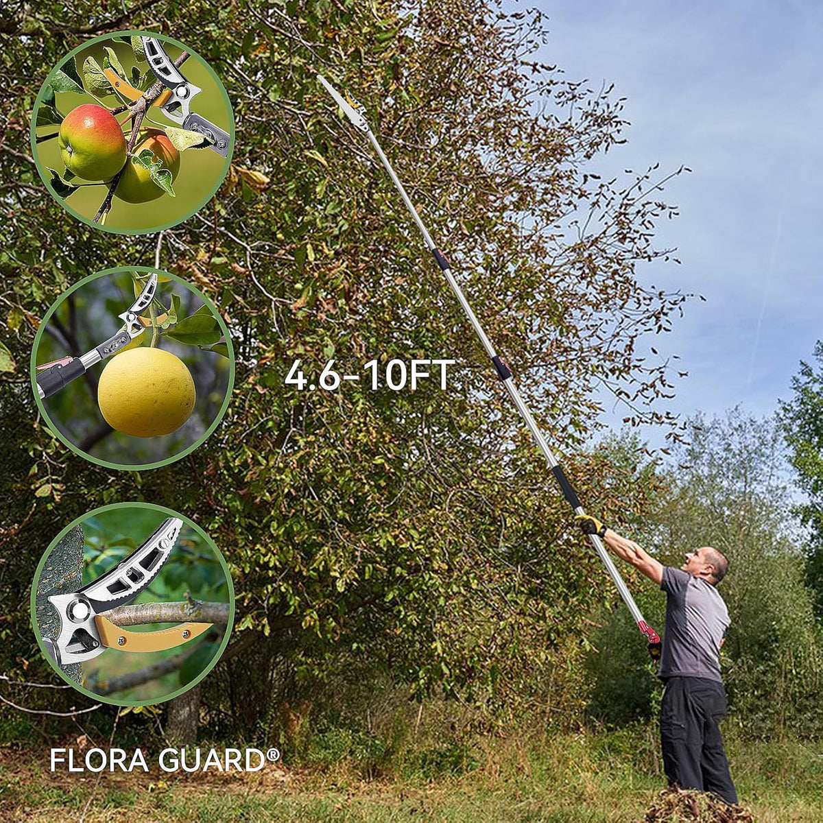 FLORA GUARD 4.6-10ft Extendable Tree Pruner，Cut and Hold Pruning Trimmer - Long Reach Pole Saw