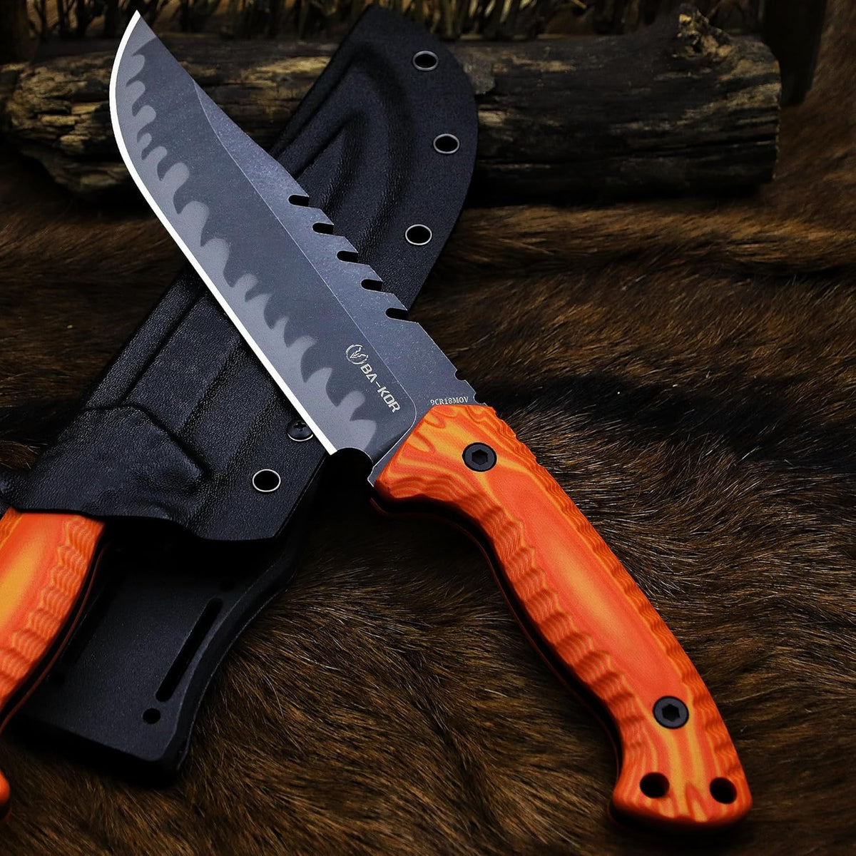 BA-KOR 12.4in Full Tang Fixed Blade Hunting Knife – 6mm 9CR18MoV Steel, G10 Handle, Stonewashed