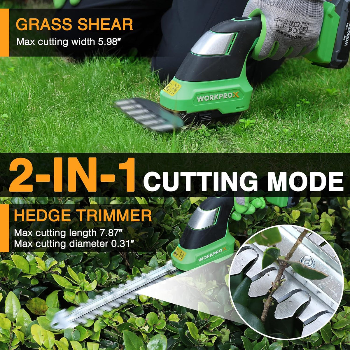 WORKPROX 20V Cordless Grass Shear & Shrubbery Trimmer - 2-in-1 Handheld Electric Grass Trimmer
