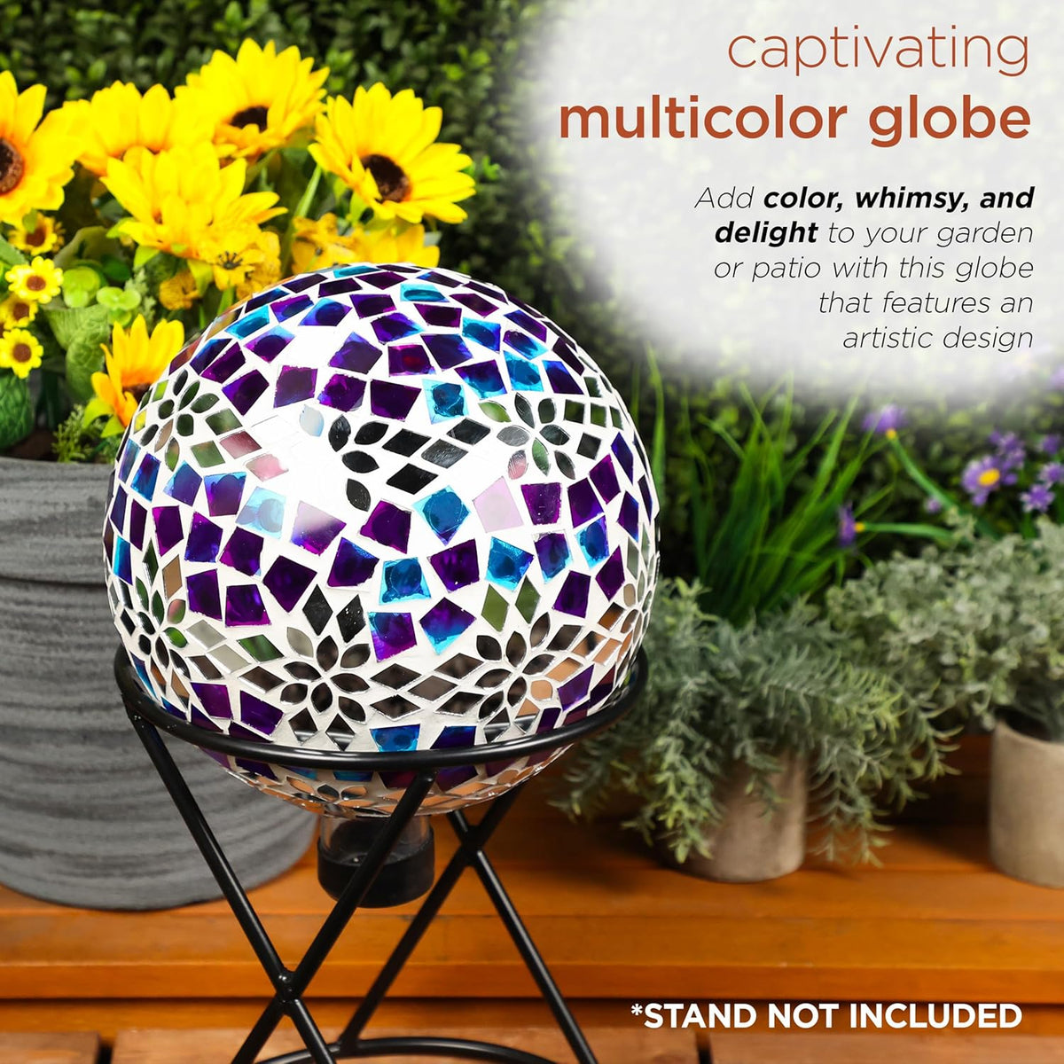 Alpine Corporation HMD218 Mosaic Gazing Globe with Mirrored Floral Pattern Decoration for Garden