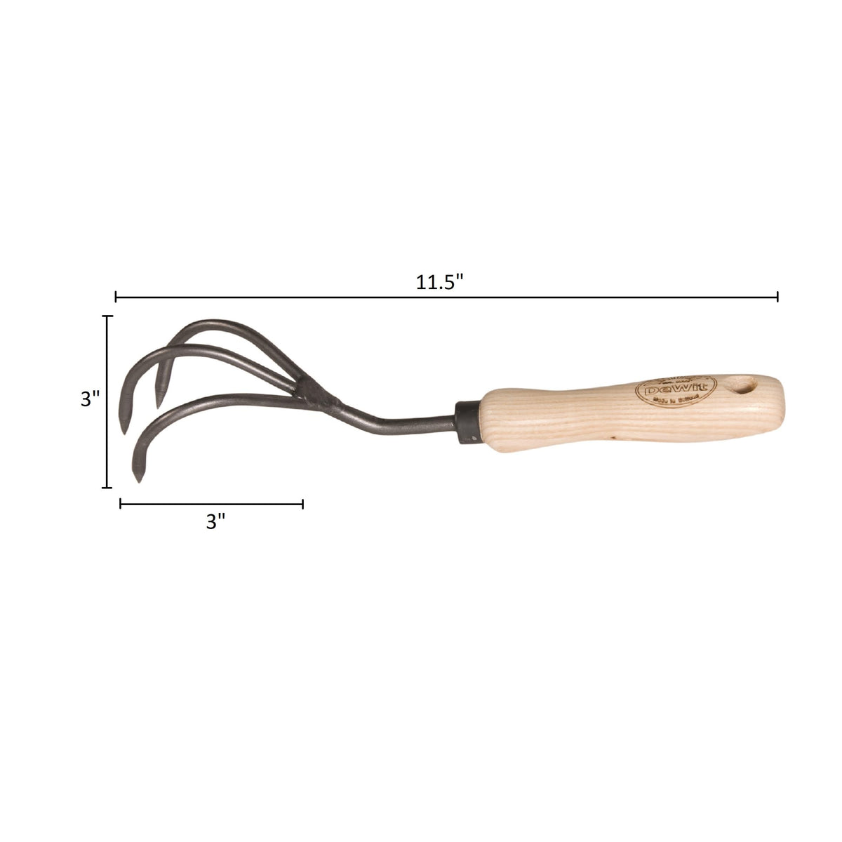 Dewit Cultivator Hand Tiller - 3-Tine, Short Handle, Works as Hoe - 11.5 in - Steel/Wood