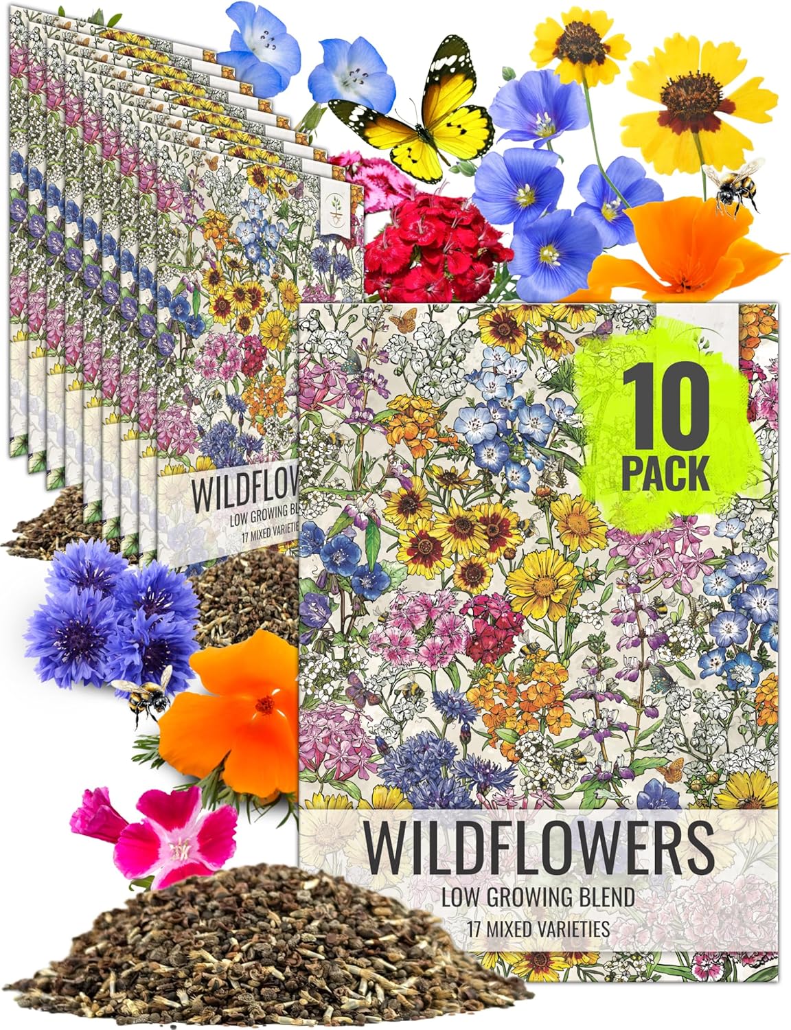 Seed Needs Low Growing Wildflower Flower Seeds for Planting | 10 Packs (1 Ounce Each) Mixture/Blend