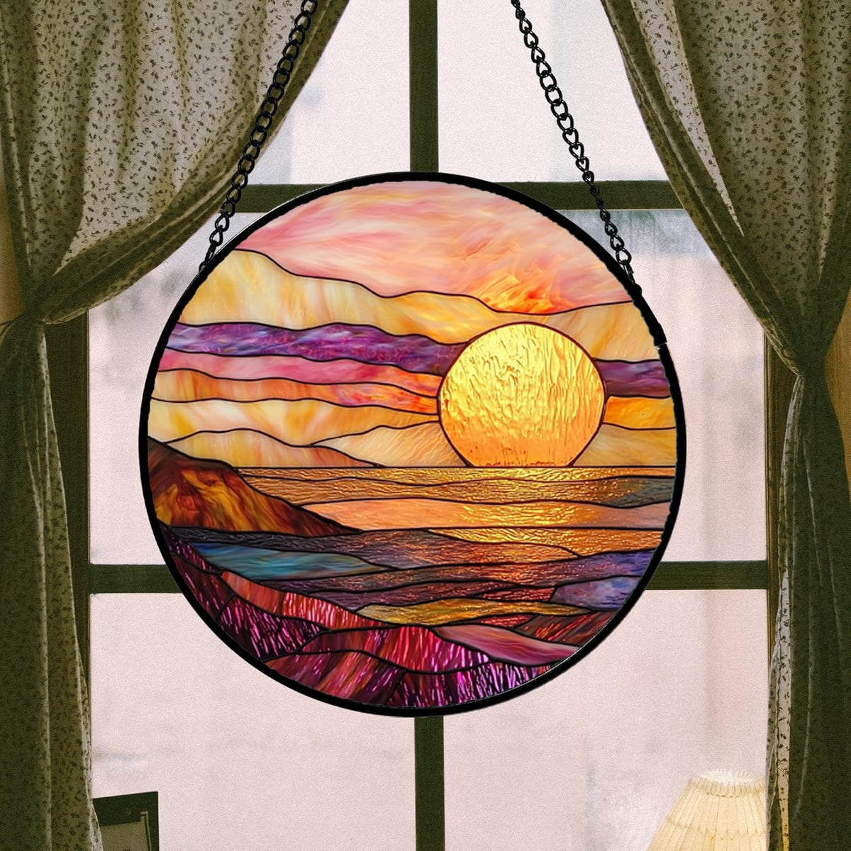 Stained Glass Window Hanging, Sparkling Sea Suncatcher Diamond Glass Panel Hangings Scenery Sun
