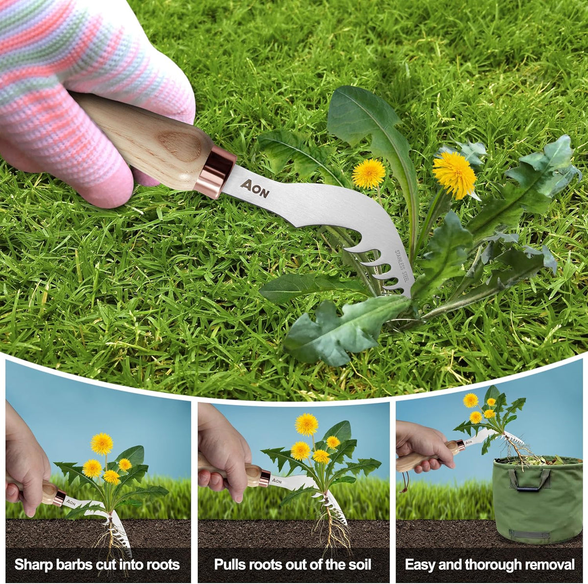AON 2-Pack Hand Crack Weeder Puller Tool Set - Made with Heat Treated Steel and Ash Wood Ergonomic