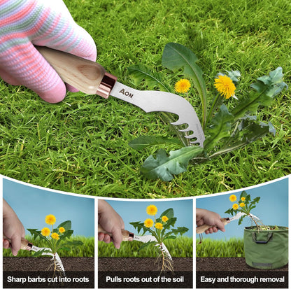 AON 2-Pack Hand Crack Weeder Puller Tool Set - Made with Heat Treated Steel and Ash Wood Ergonomic