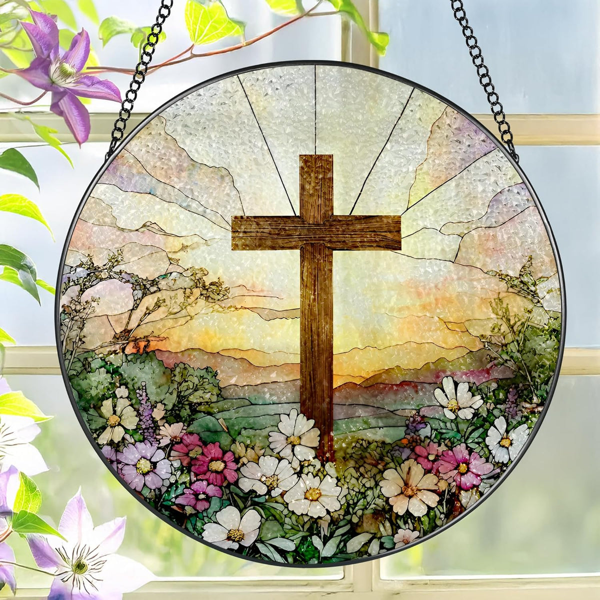 8 Inch Stained Glass Cross & Wildflowers Suncatcher Christian Hanging Ornament Gift for Religious