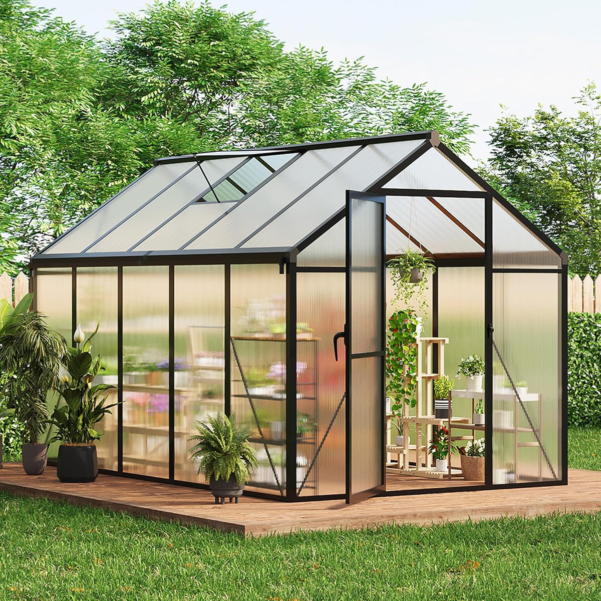 6x10 FT Greenhouse for Outdoors, Polycarbonate Greenhouse with Roof Vent, Ground Nails, Lockable
