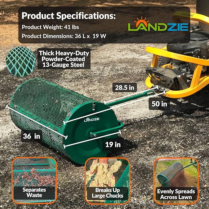 LANDZIE Lawn & Garden Spreaders - 36 Inch Heavy Duty Metal Mesh Basket Push/Tow Spreader - Compost