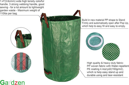 Gardzen 3-Pack 32 Gallon Yard Waste Bags, Reusable Heavy Duty Collapsible Garden Leaf Bags with