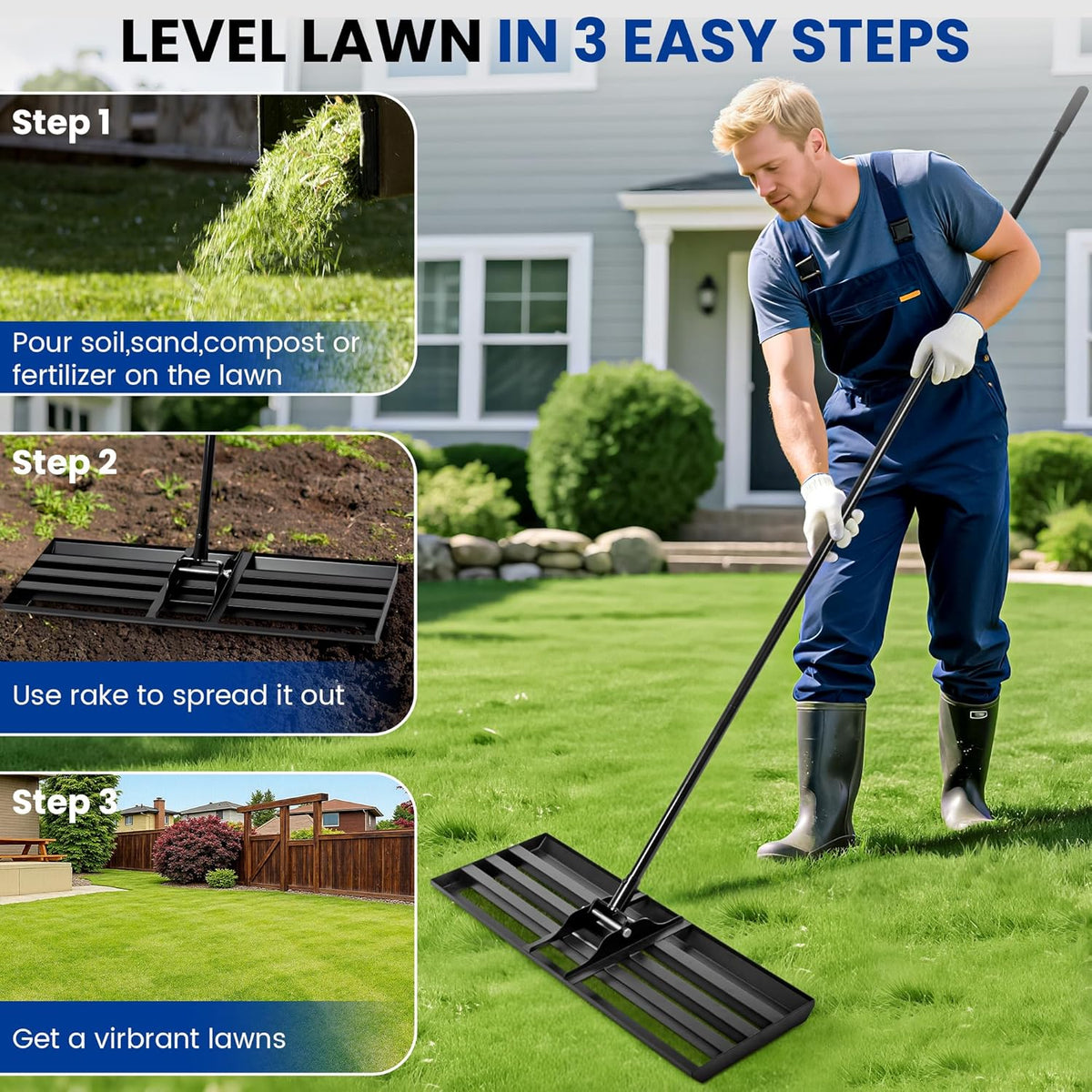 Lawn Leveling Rake, 30x10 Inch Carbon Steel Soil Leveler with 78" Adjustable Long Handle, Perfect