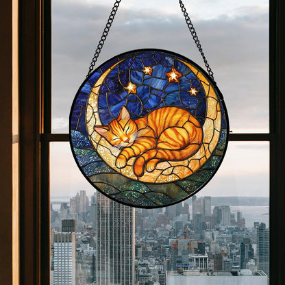 Stained Glass Window Hanging - Orange Moon Sleeping Cat Sun Catcher for Door Home Decor Blue Starry