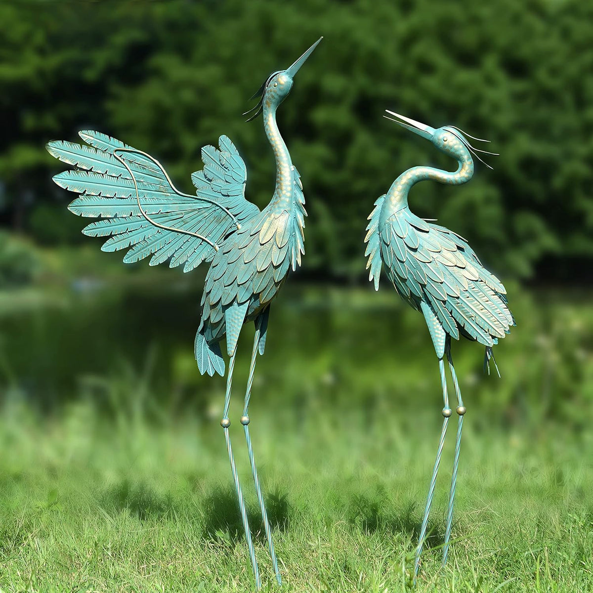 Crane Statues for Outdoor, Metal Heron Garden Statues Bird Yard Art, Standing Sculptures for Yard