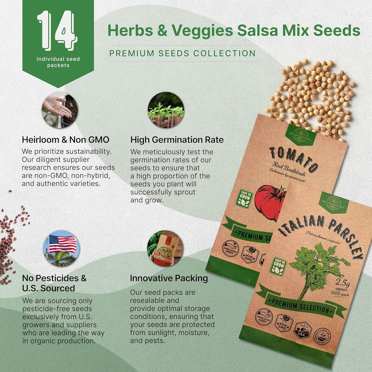 Organo Republic 14 Herbs & Veggies Salsa Mix Seeds Variety Pack - 5,180+ Non GMO Heirloom Herb