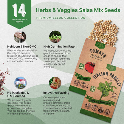 Organo Republic 14 Herbs & Veggies Salsa Mix Seeds Variety Pack - 5,180+ Non GMO Heirloom Herb