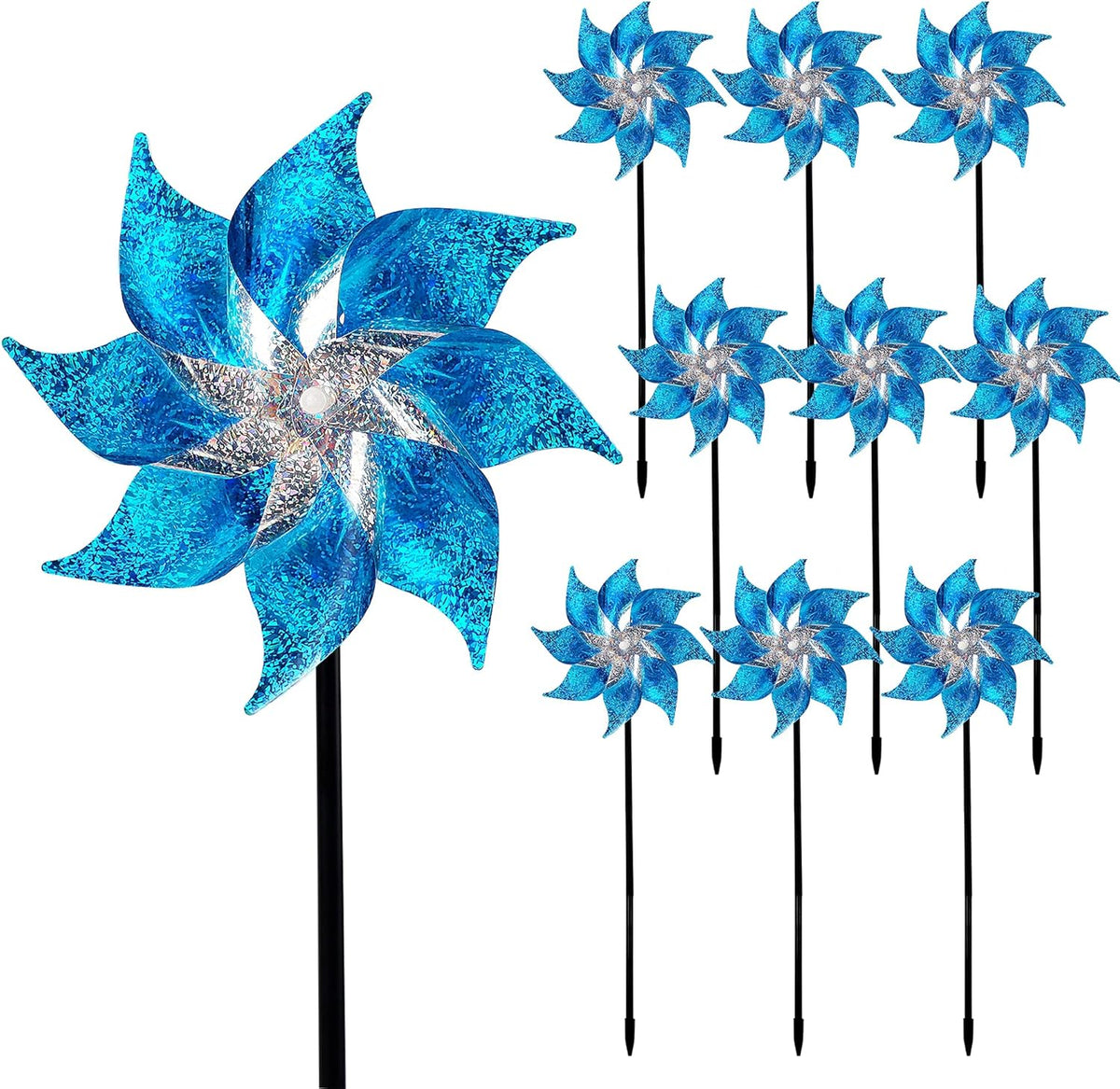 Hausse 10 Pack Reflective Pinwheels with Stakes, Extra Sparkly Pin Wheel for Garden Decor, Bird