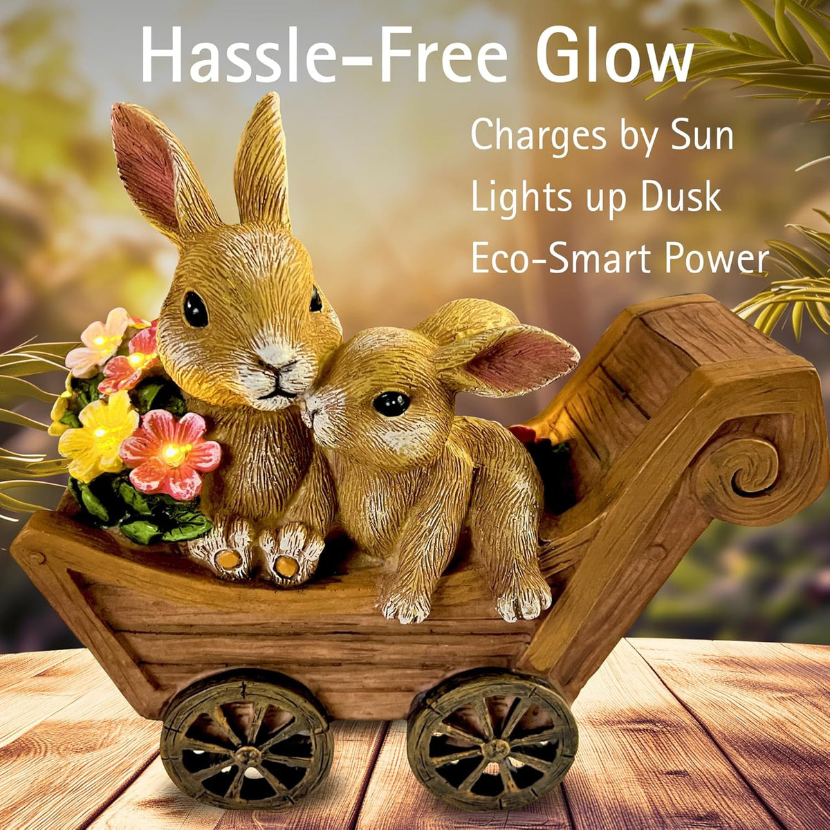 PRETMANNS Solar Rabbit Garden Statue - Mother & Baby Bunny Outdoor Decor with LED Lights for Patio