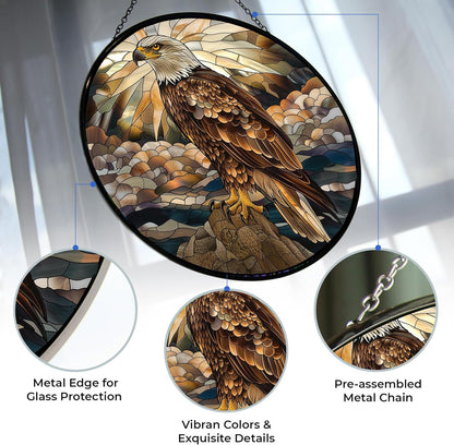 Eagle Stained Glass Window Hanging Window Suncatcher 12" Glass Panel with Metal Chain and Hooks Sun