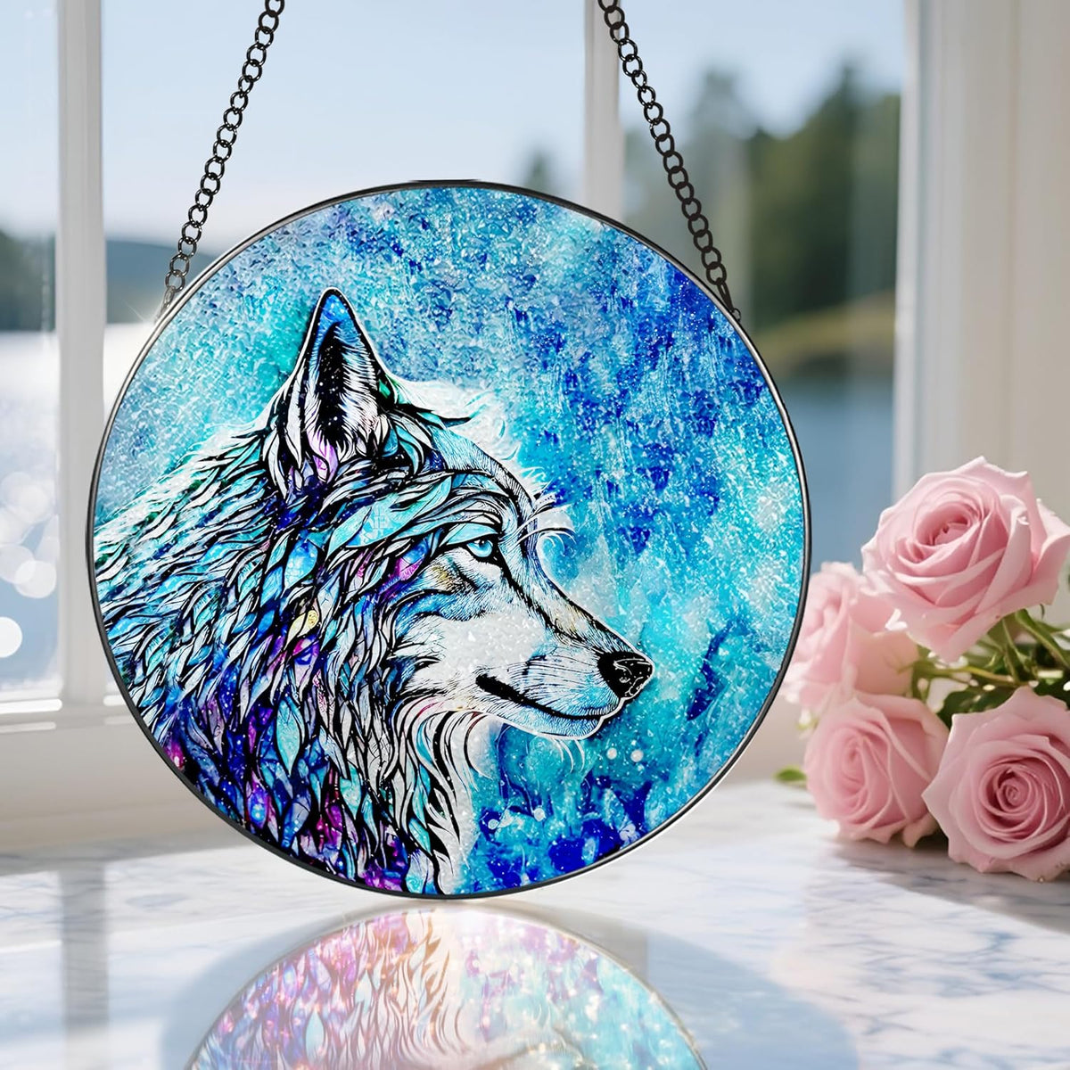 Stained Glass Window Hanging, Stained Glass Suncatcher, Wolf Sun Catcher, Window Hanging Decor