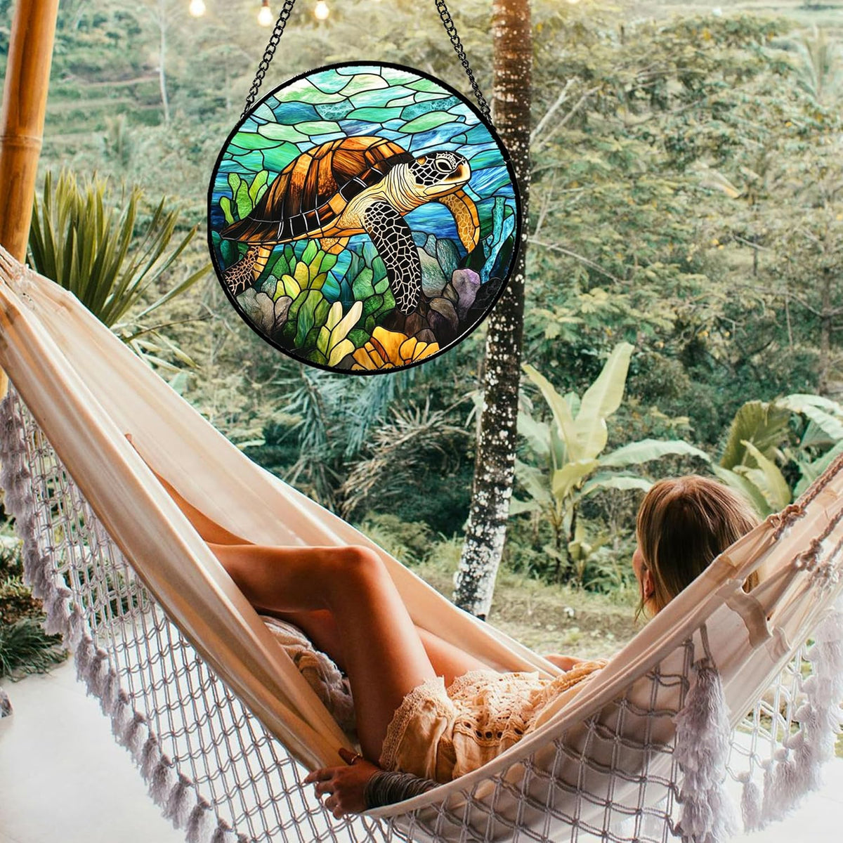 Stained Glass Window Hanging - Cute Sea Turtle Suncatcher for Door Garden Yard Blue Ocean Sun