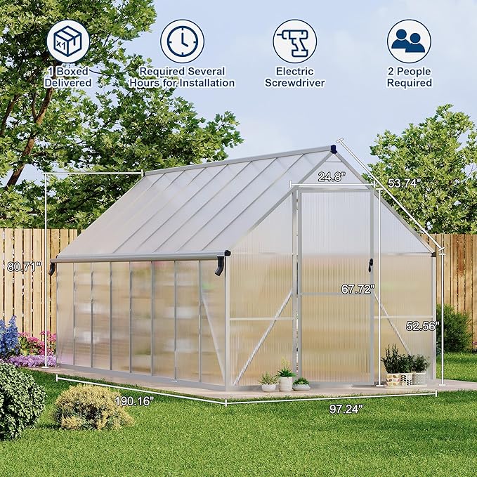 8'X16' Aluminum-Framed Polycarbonate Greenhouse, Heavy Duty Polycarbonate Greenhouse with Quick
